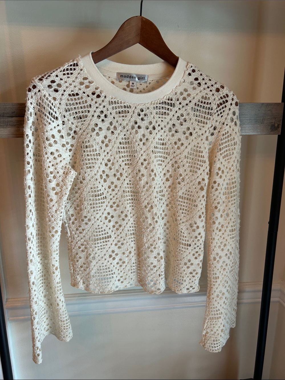 Madden Girl Cream Open-Knit Crewneck Sweater